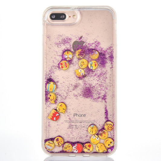 Funda de iPhone de arena con purpurina morada con emojis