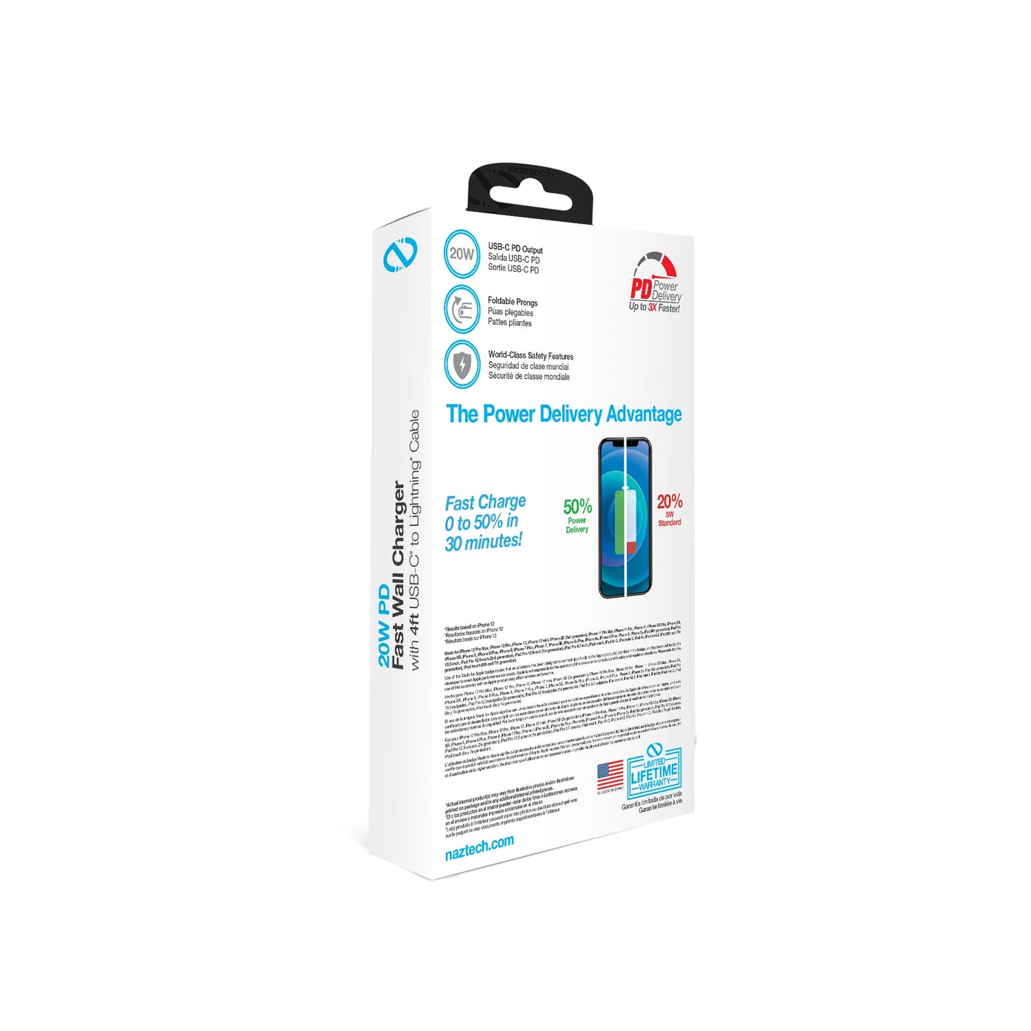 Cargador de pared Naztech PD de 20 W + cable USB-C a Lightning de 1.2 m