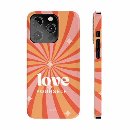 Funda delgada "Ámate a ti mismo" con mensaje positivo para iPhone serie 14
