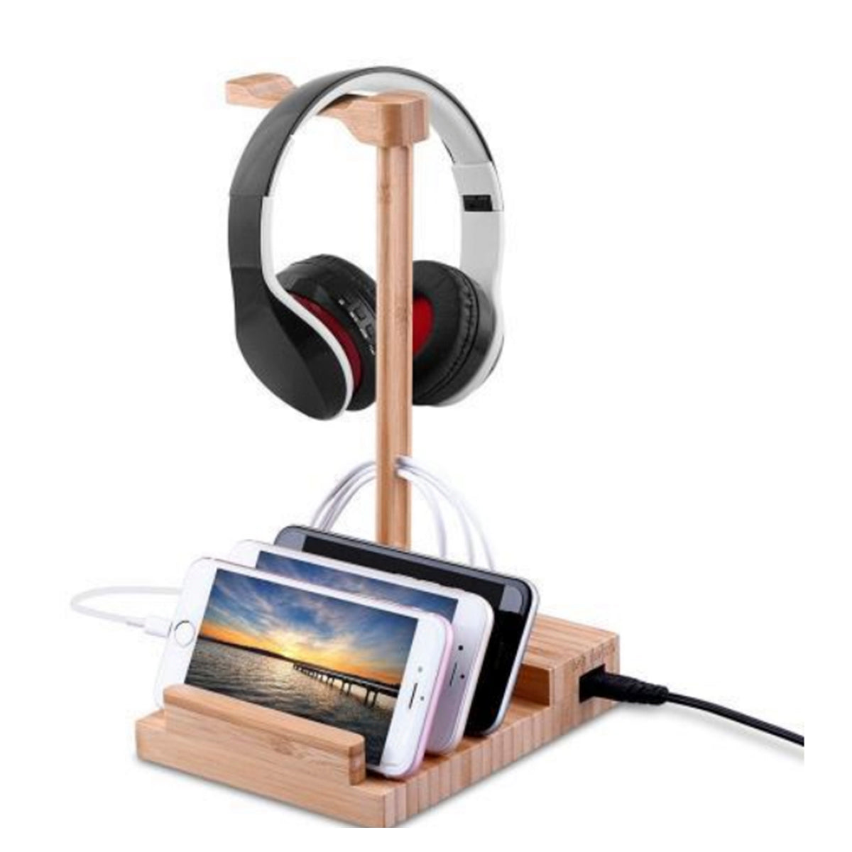 Estación de carga de bambú 2 en 1 con 3 puertos USB para iPhone y