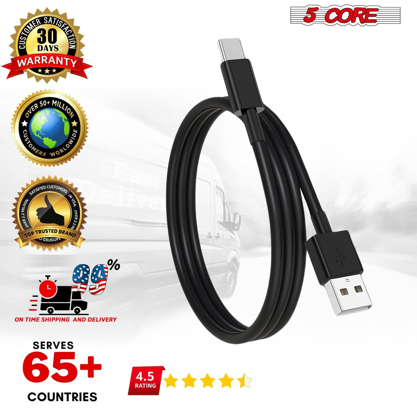 5Core USB auf USB-C Kabel 5 Stück 65W Schnellladung mit Datenübertragung