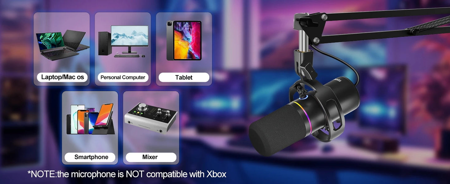 Kit de micrófono dinámico XLR/USB, micrófono de PC para streaming, podcasting, gaming, RGB, función de silencio y cancelación de ruido, volumen