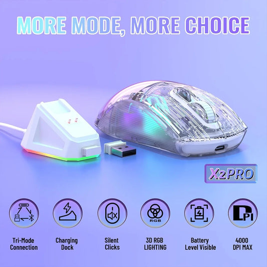 Wireless Gaming Mouse with RGB Charging Dock,Tri-Mode Mute Mouse RGB Backlit,Transparent Shell,PixArt 3212