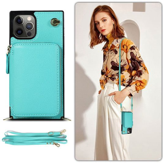 Funda tipo cartera con cremallera y correa cruzada ajustable para iPhone