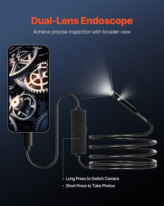 Endoscope Camera with Light, Dual Lens Borescope for Android & IOS,