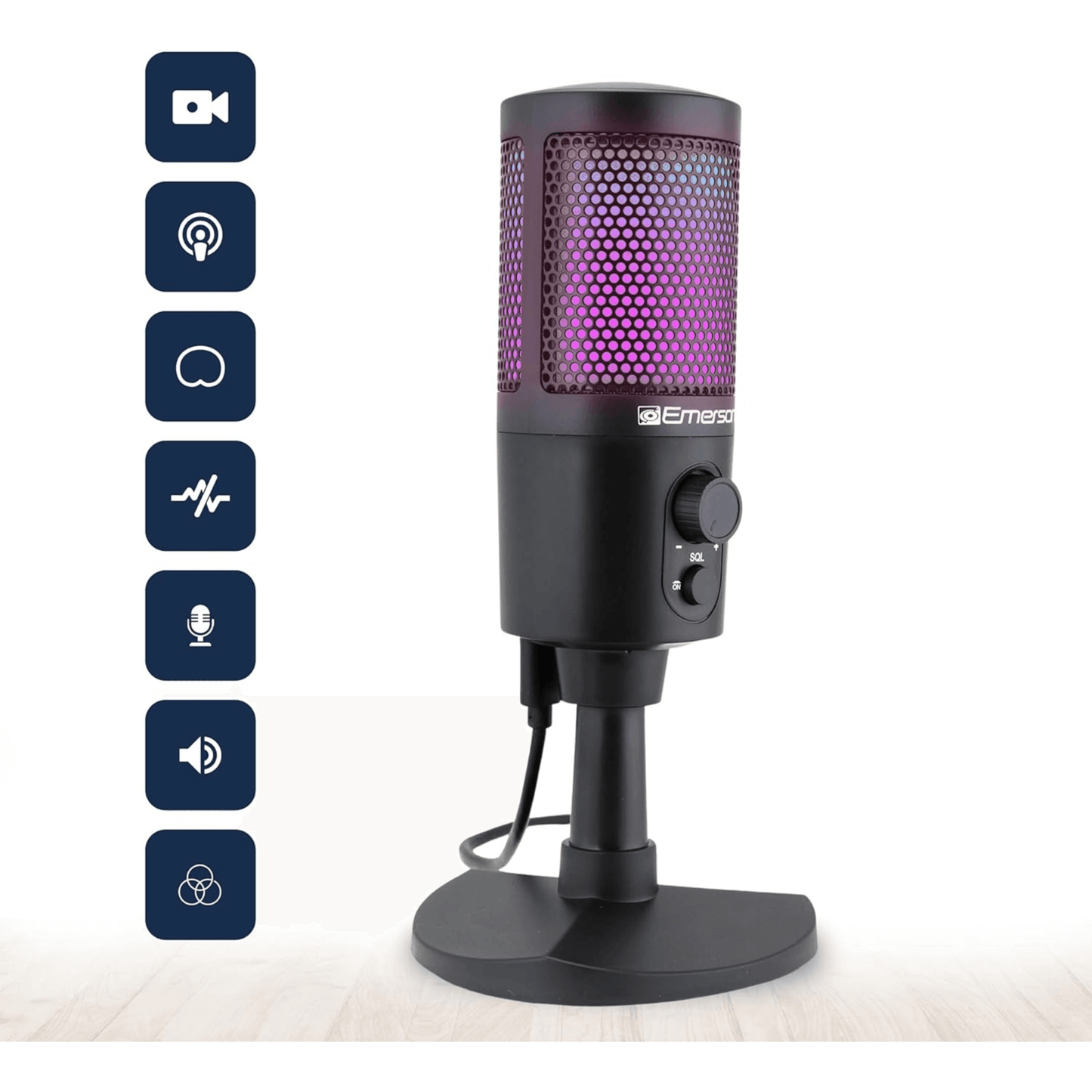 Micrófono Emerson USB para juegos y streaming con iluminación RGB con
