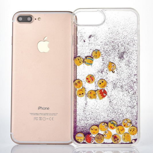 Funda de iPhone de arena con purpurina morada con emojis