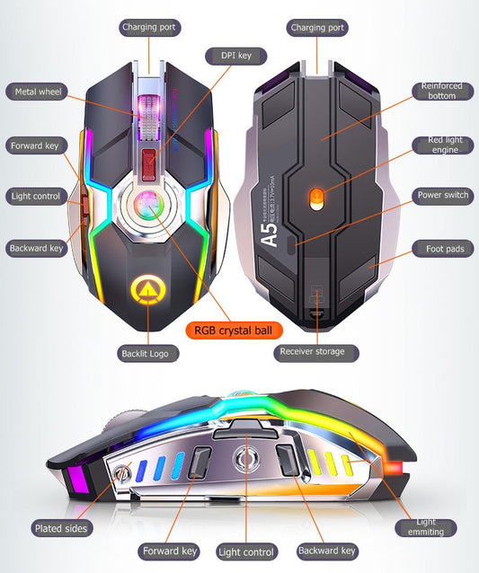 Kabellose Gaming RGB Maus mit Farbwechsel, wiederaufladbar, mit Stummschalttaste