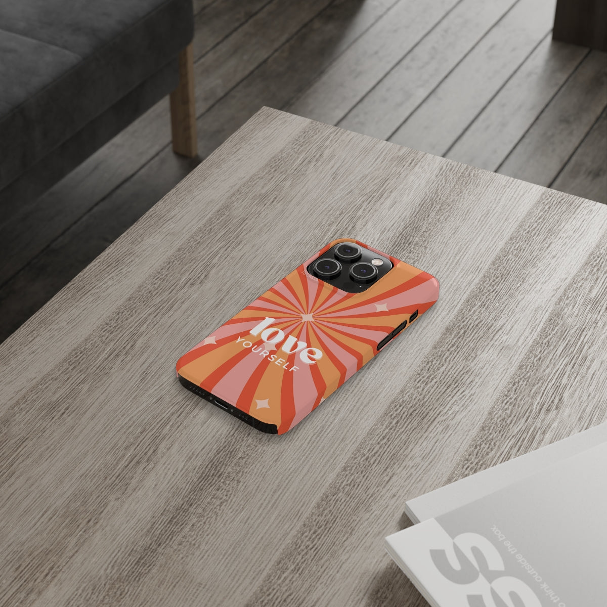 Funda delgada "Ámate a ti mismo" con mensaje positivo para iPhone serie 14
