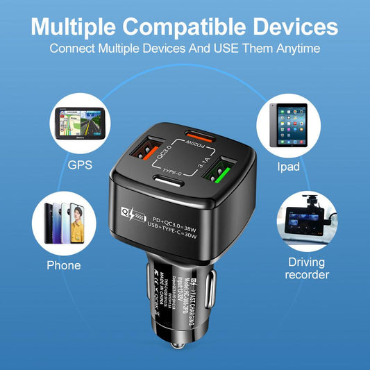 4-Port PD/USB-Kfz-Ladegerät und 3M Ladekabel kompatibel für iPhone Rot