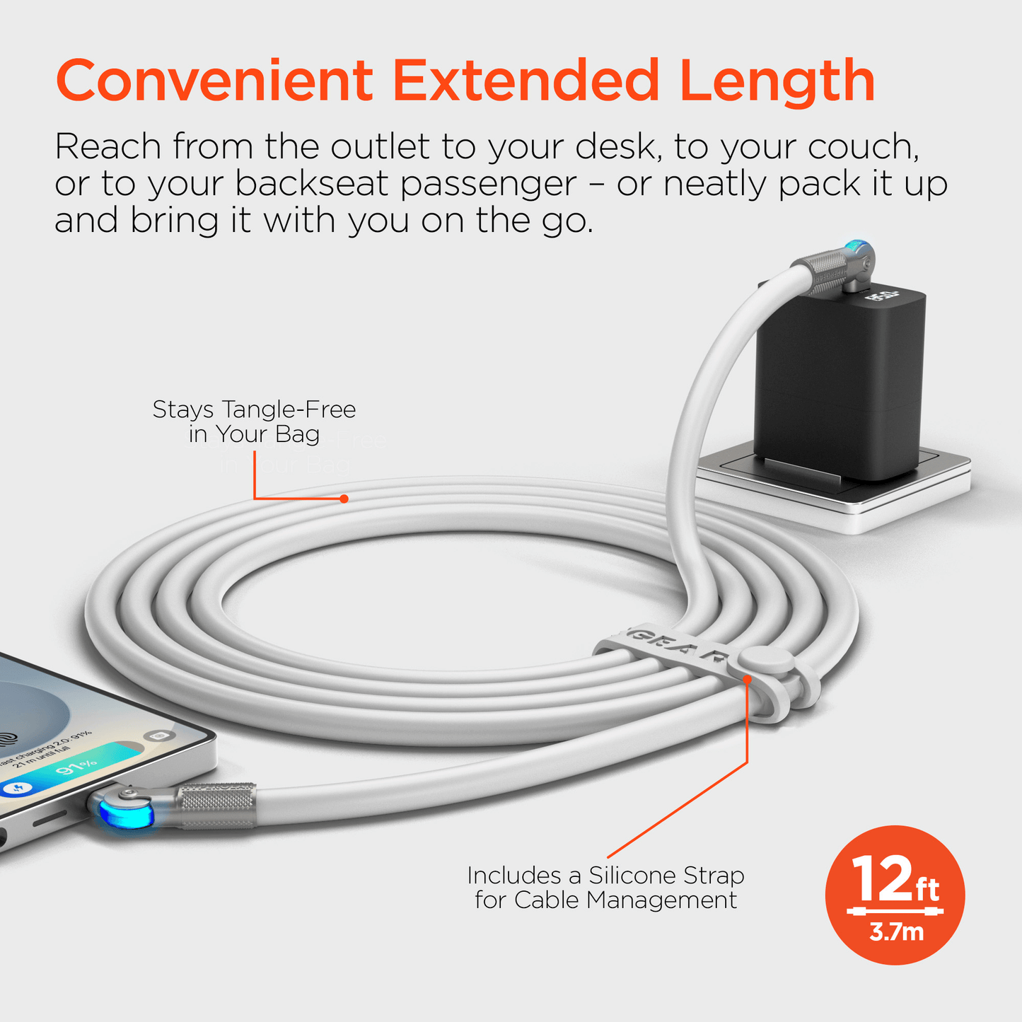 Cable de carga rápida robusto HyperGear Chunky180° 100W USB-C a USB-C de 3.6m