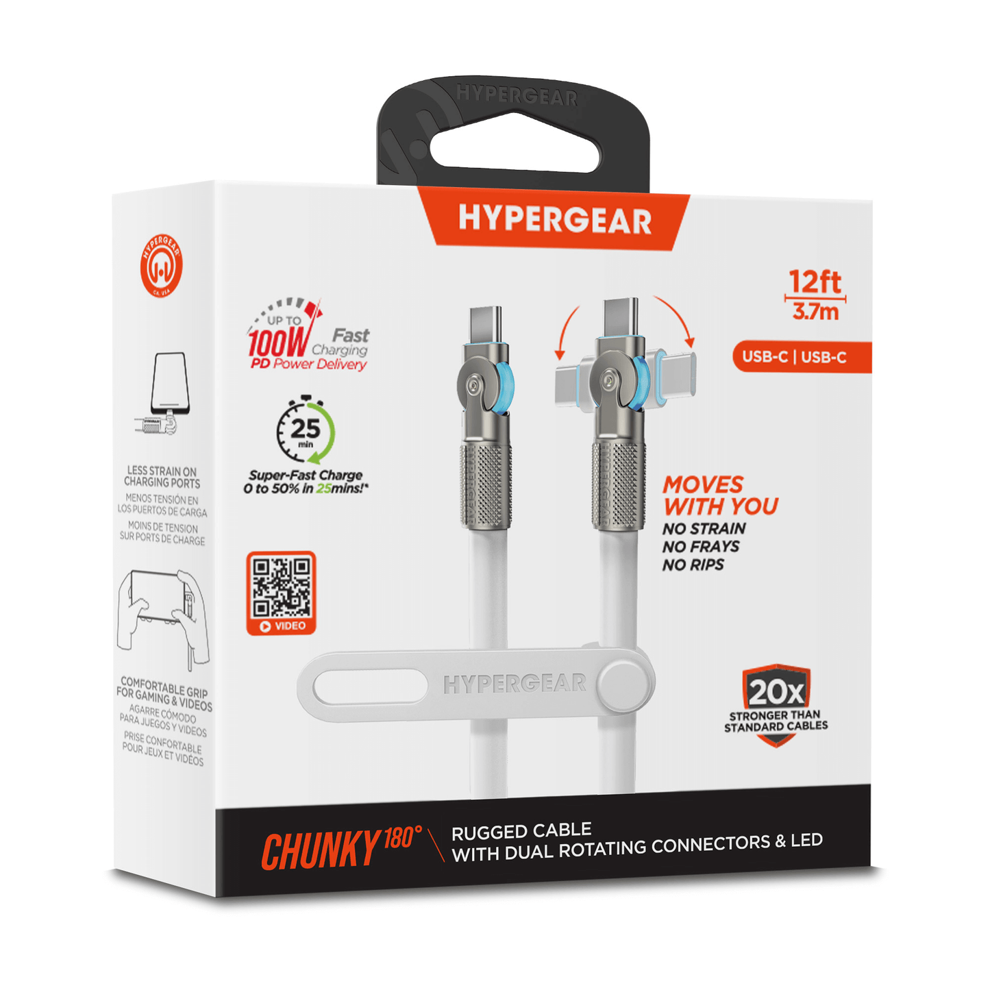Cable de carga rápida robusto HyperGear Chunky180° 100W USB-C a USB-C de 3.6m