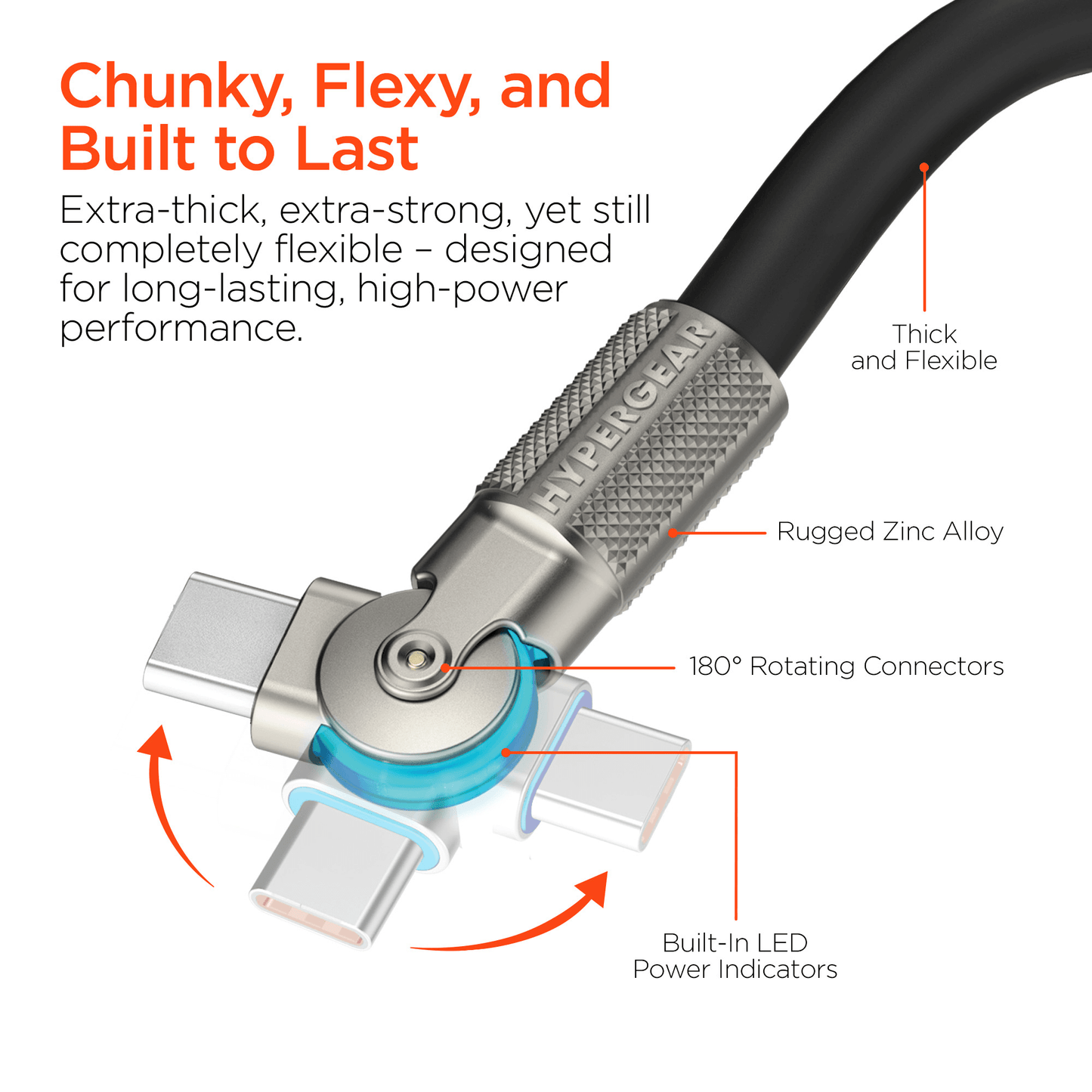 Cable de carga rápida robusto HyperGear Chunky180° 100W USB-C a USB-C de 3.6m