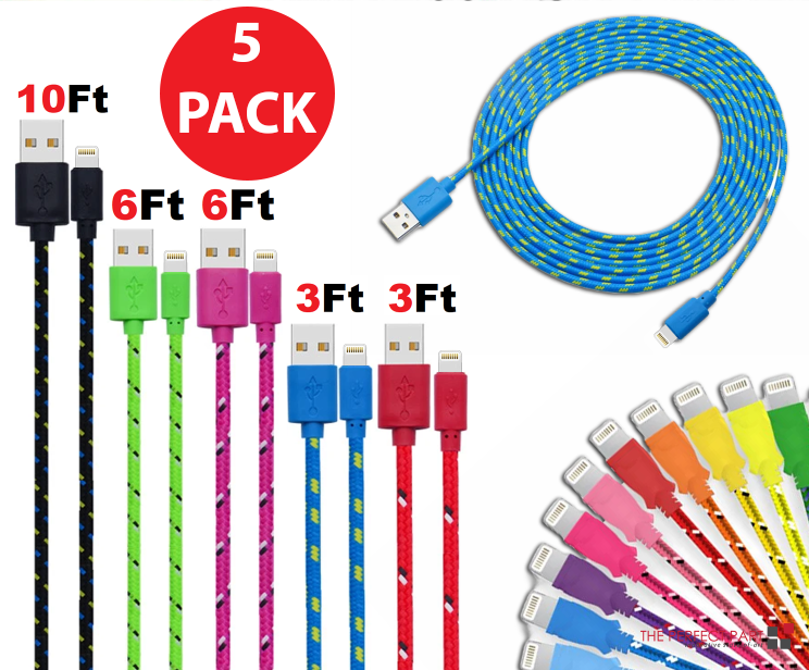 Charging Data Cable 5 Pack 3/6/10ft Charger Nylon Braided For Apple