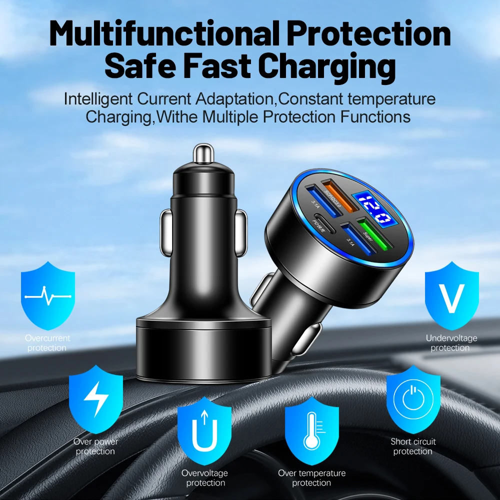 Adaptador de cargador de coche superrápido de 5 puertos USB para iPhone Samsung Android