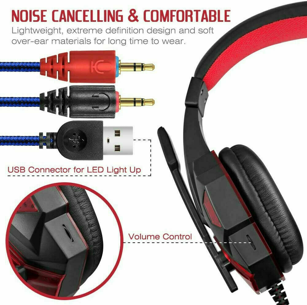 3,5-mm-Gaming-Headset mit Mikrofon, LED-Beleuchtung, Stereo-Bass-Surround-Sound für PC