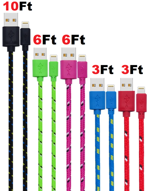 Charging Data Cable 5 Pack 3/6/10ft Charger Nylon Braided For Apple