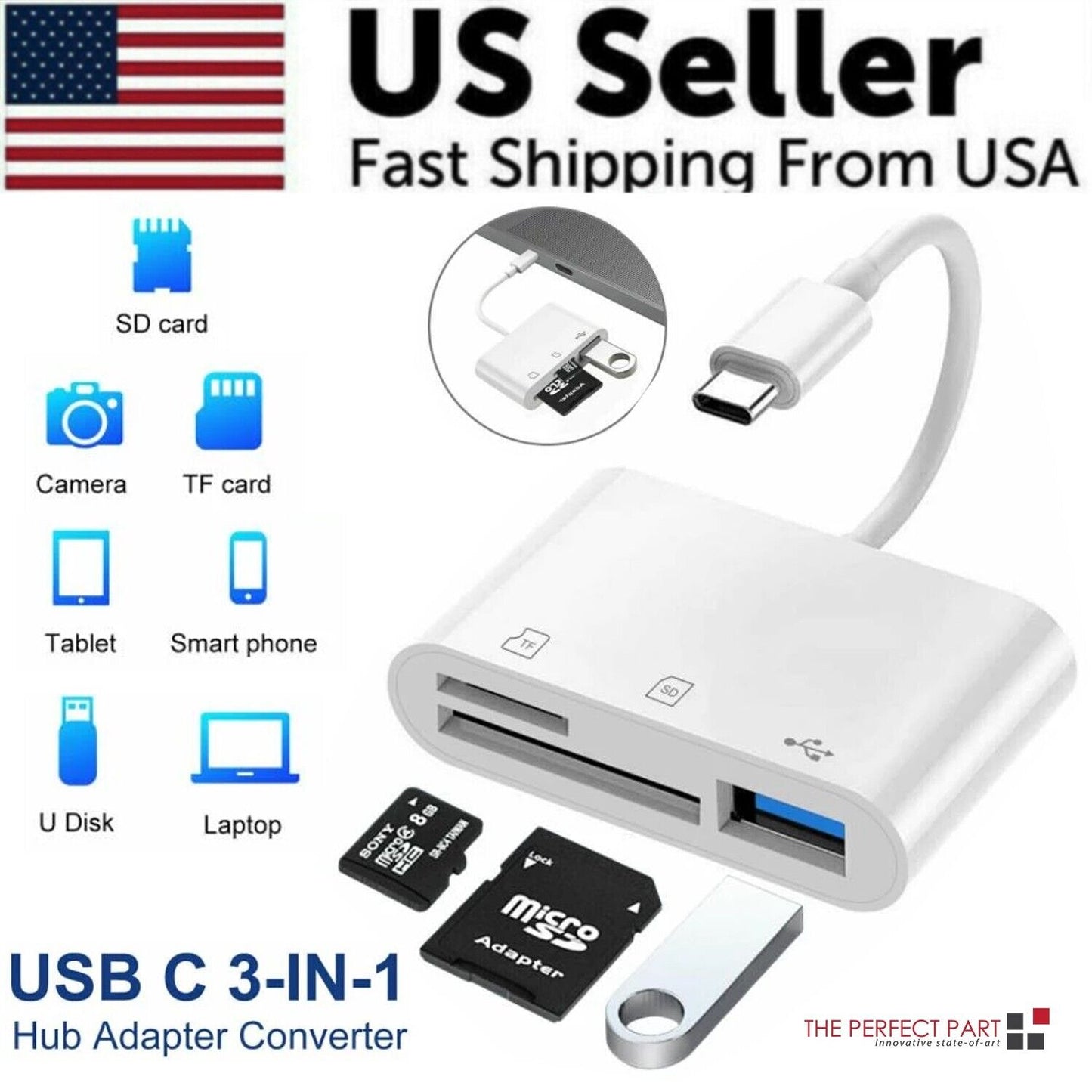 Concentrador convertidor USB C 3 en 1 Adaptador tipo C Lector de tarjetas SD para MacBook