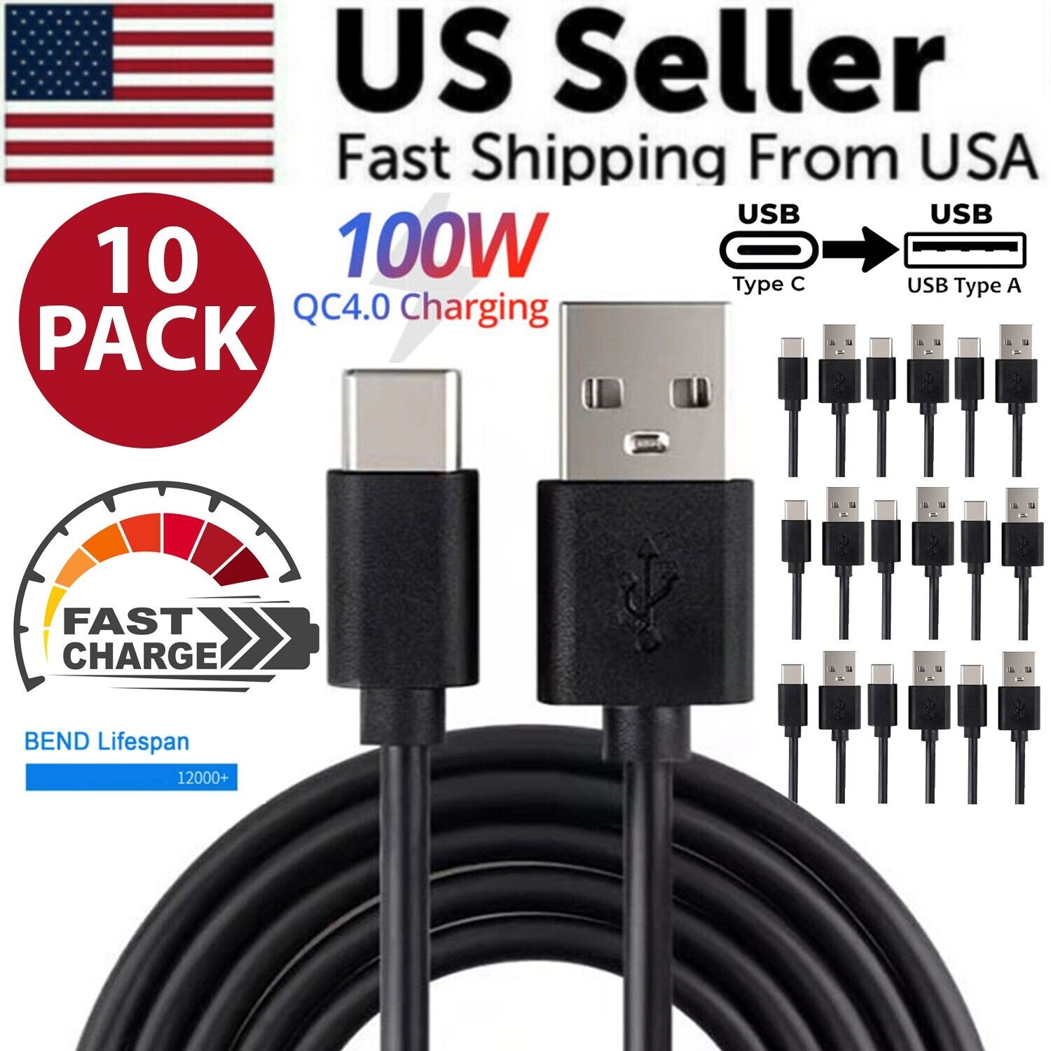 10x Type C to USB-A Fast Charge Cable Cord Charging Quick Charger Bulk