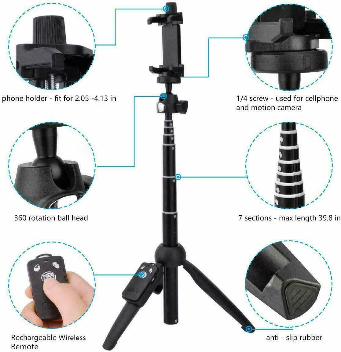 Trípode con palo selfi de 101,6 cm con control remoto Bluetooth portátil para iPhone y