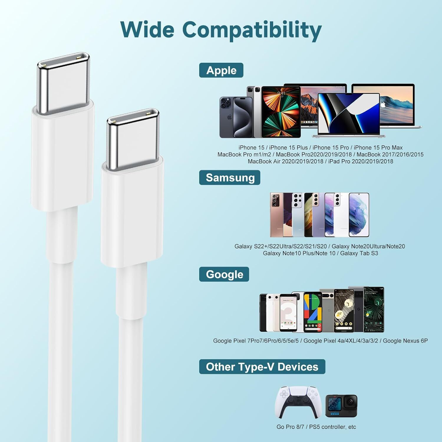 3 Pack 6FT USB-C to USB-C Cable Fast Charge Type C Charging Cord Rapid