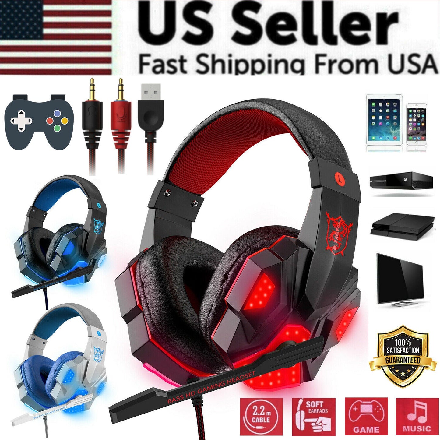3,5-mm-Gaming-Headset mit Mikrofon, LED-Beleuchtung, Stereo-Bass-Surround-Sound für PC
