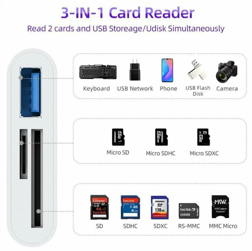 Concentrador convertidor USB C 3 en 1 Adaptador tipo C Lector de tarjetas SD para MacBook