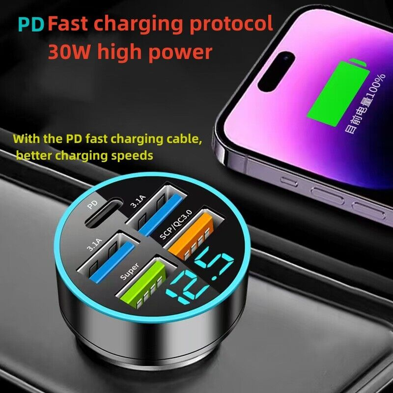 Adaptador de cargador de coche superrápido de 5 puertos USB para iPhone Samsung Android