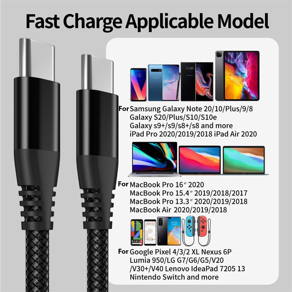 USB-C to USB-C Cable Male Type-C Cable Cord Fast Charger Charging Data