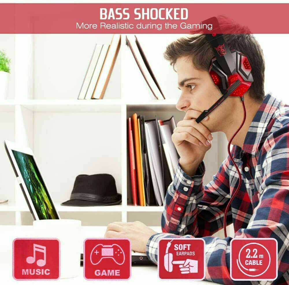 3,5-mm-Gaming-Headset mit Mikrofon, LED-Beleuchtung, Stereo-Bass-Surround-Sound für PC