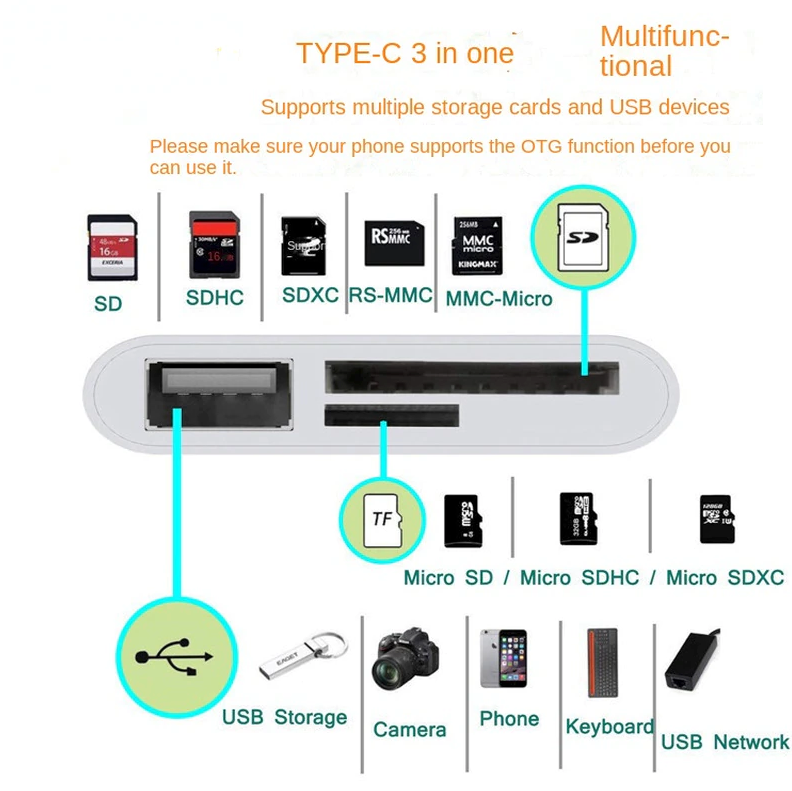 Concentrador convertidor USB C 3 en 1 Adaptador tipo C Lector de tarjetas SD para MacBook
