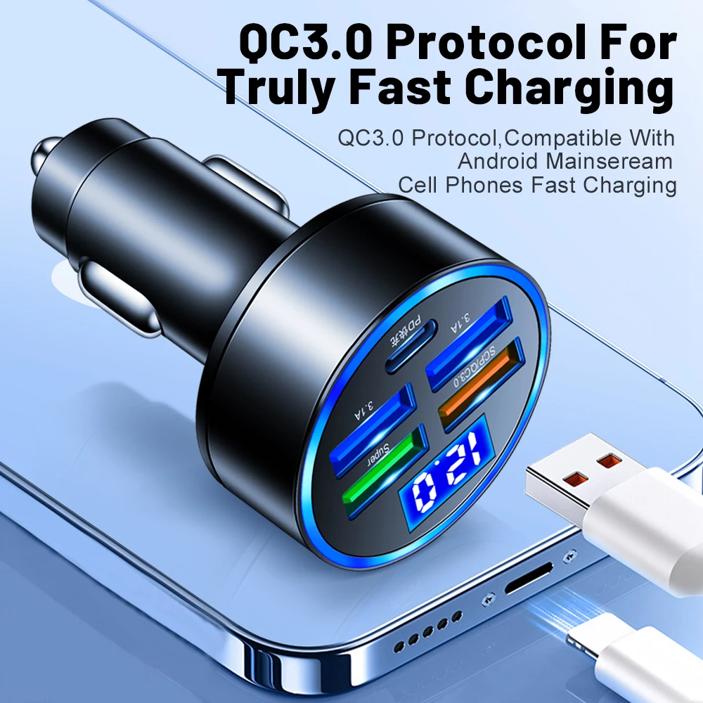 Adaptador de cargador de coche superrápido de 5 puertos USB para iPhone Samsung Android