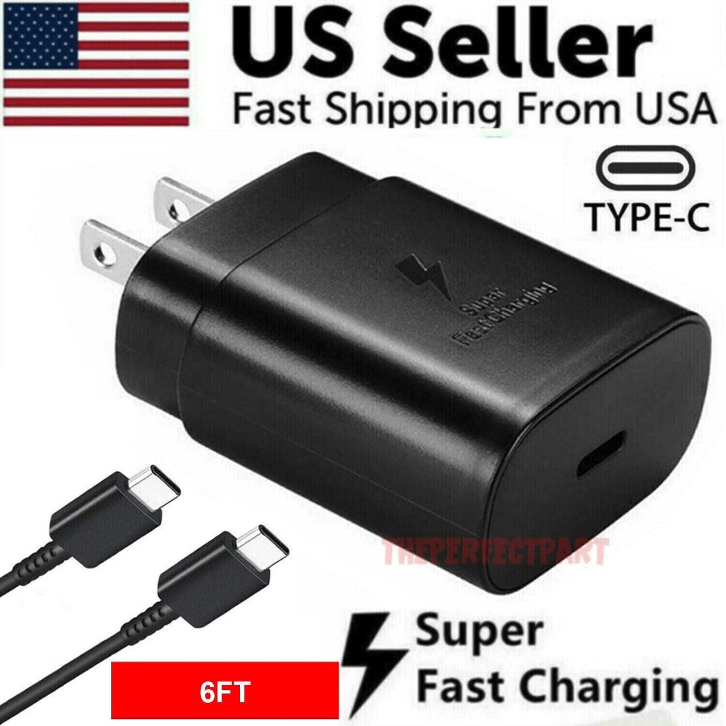 Cargador de pared súper rápido USB-C de 25 W + cable de 6 pies para Samsung Galaxy