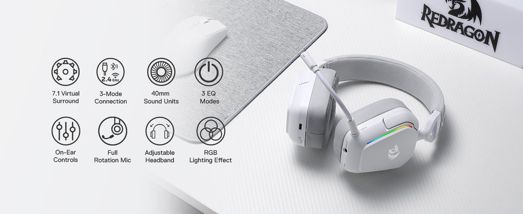 Redragon H868 3-Mode Wireless RGB 7.1 Surround Sound Noise-canceling Microphone Gaming Headset Over-Ear Headphones