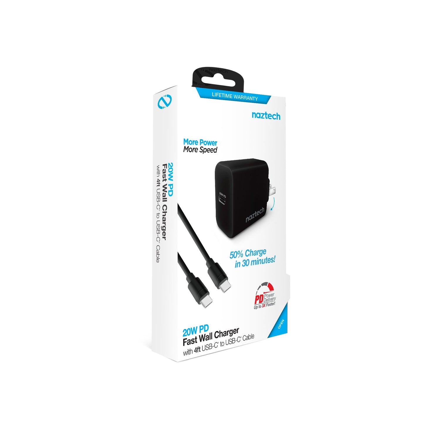 Cargador de pared Naztech PD de 20W + cable USB-C a USB-C de 1.2m