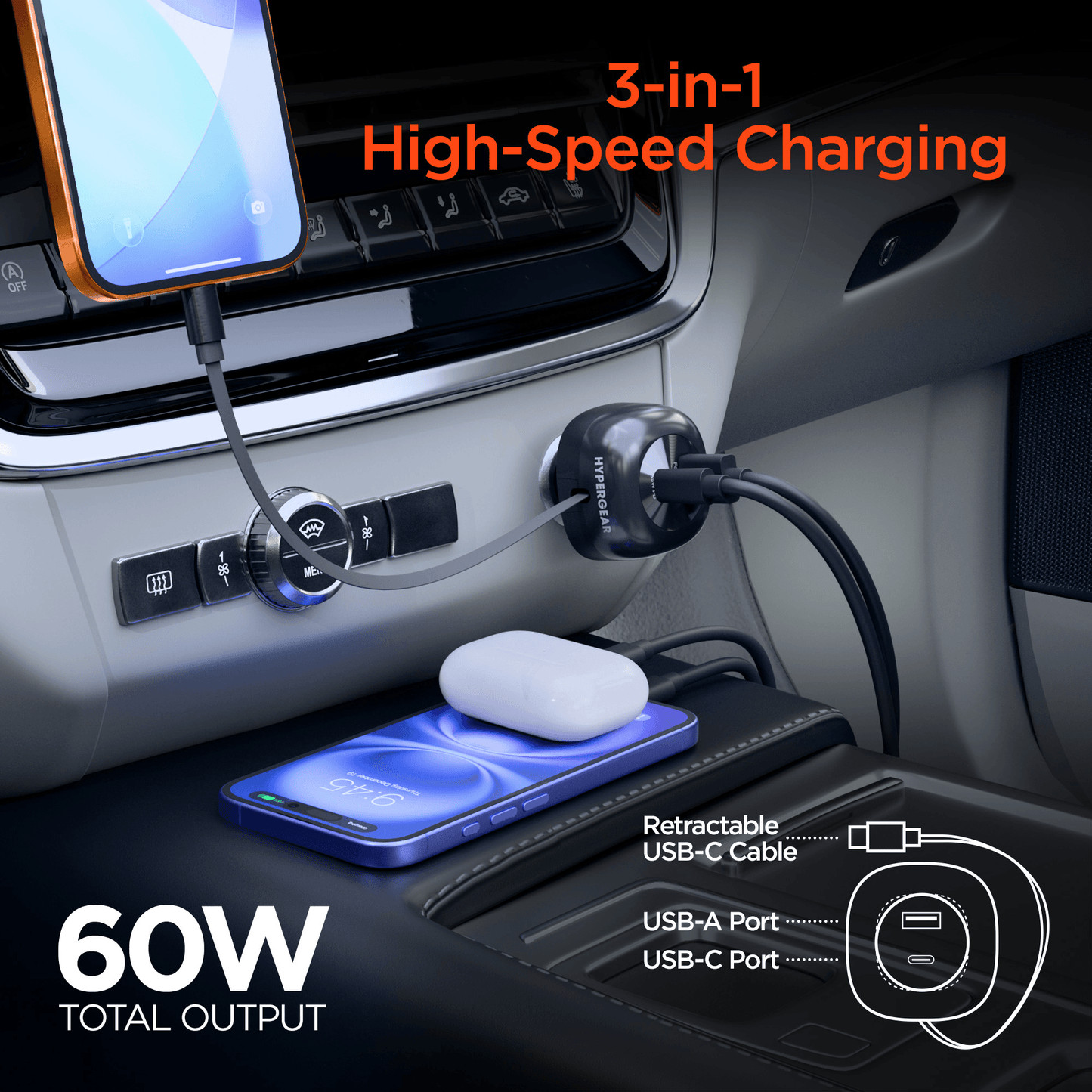 HyperGear SpeedBoost 60W einziehbares Autoladegerät