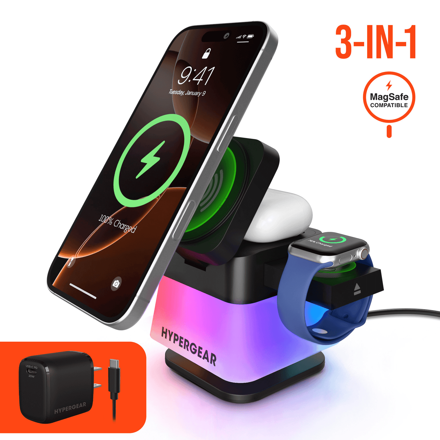 HyperGear PowerFold Cube RGB 3-in-1 Kabelloser Ladeständer