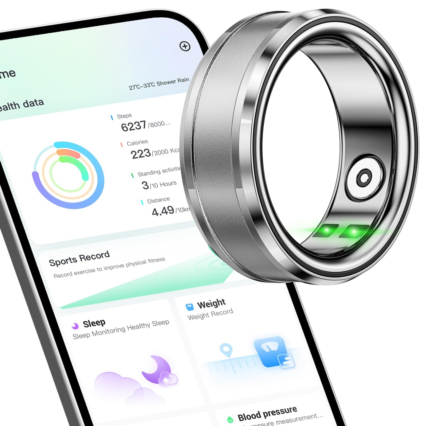Smart Ring for Man Woman - Health & Fitness Tracker with IP68 Waterproof Bluetooth Sleep Monitor for Party Work Travel Silver US11