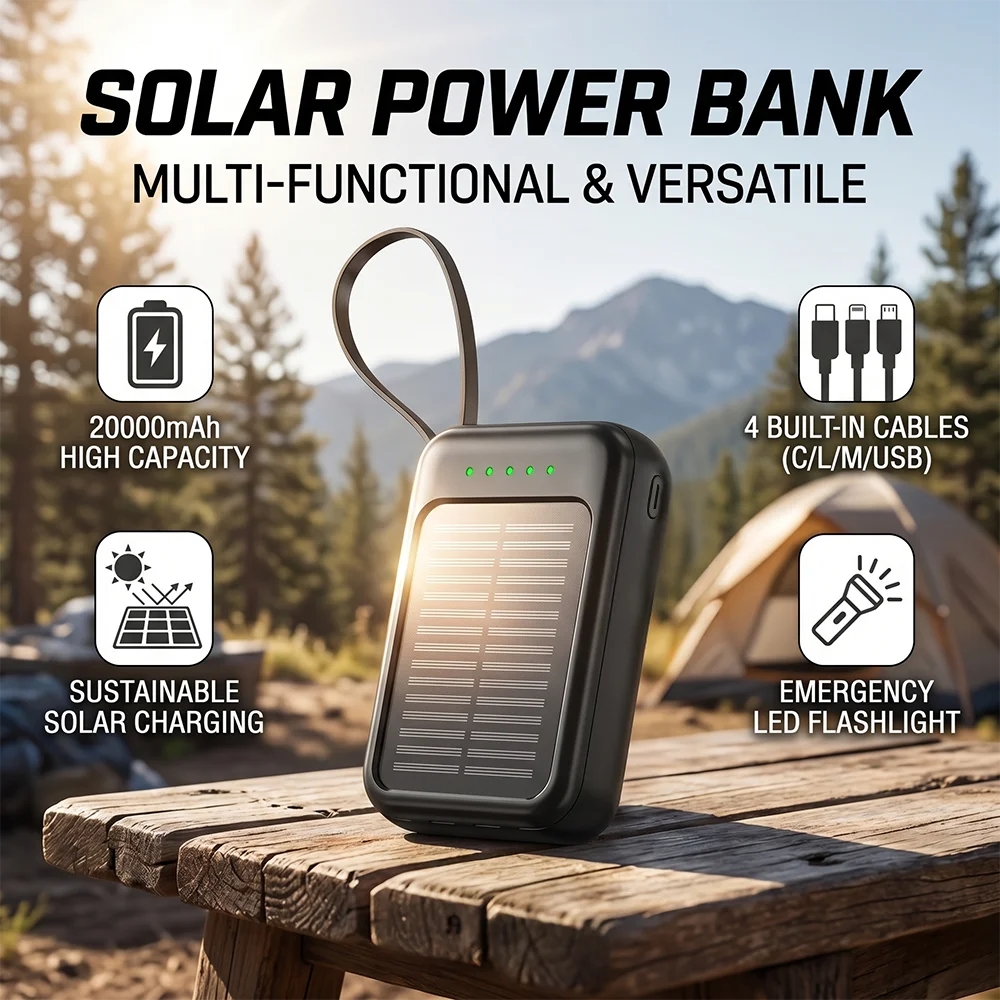 UK Stocked Solar Power Bank 20000mAh Portable Phone Charging Povew bank Outdoor External Battery Charger with LED Light for All Smartphones