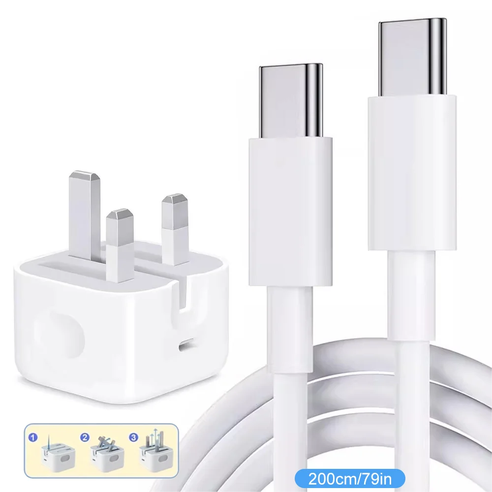 UK Plug Foldable 20W Mobile Phone Adapter With 2m Dual Type-C Mobile Phone Charging Cable