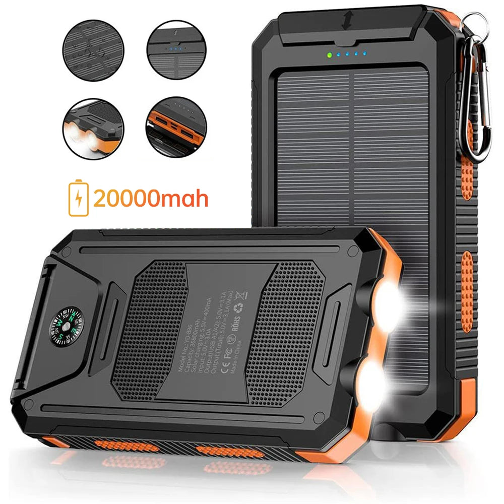 20000mAh Tragbare Solar Powerbank Camping Externes Akku-Ladegerät für Mobiltelefone 2 USB/LED Taschenlampen Ladegerät