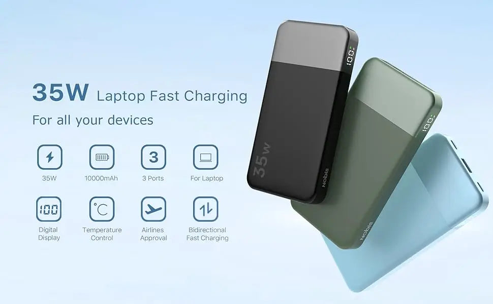 NOBIS N3510 Slim Power Bank 10000mAh Mini Pocket-Sized Smaller Portable Charger External Battery 35W Fast Charging For iPhone