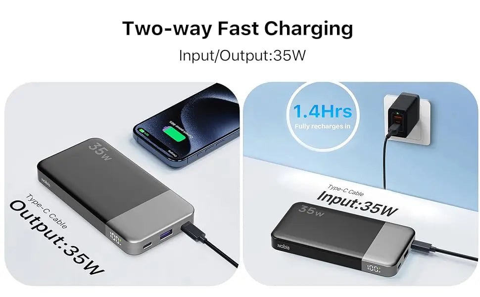 NOBIS N3510 Slim Power Bank 10000mAh Mini Pocket-Sized Smaller Portable Charger External Battery 35W Fast Charging For iPhone