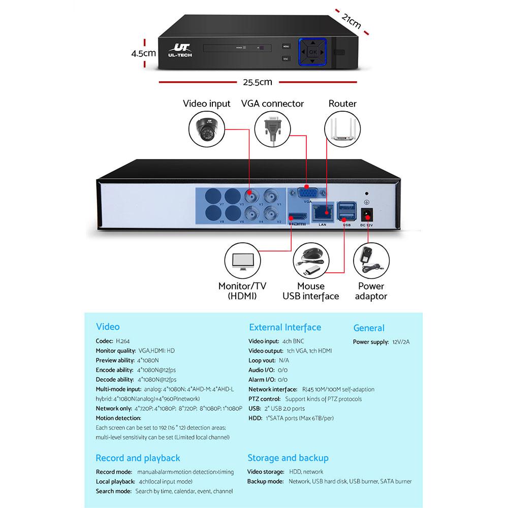 UL-TECH 1080P Überwachungskamerasystem 4-Kanal-DVR mit 4 CCTV-Dome-Kameras