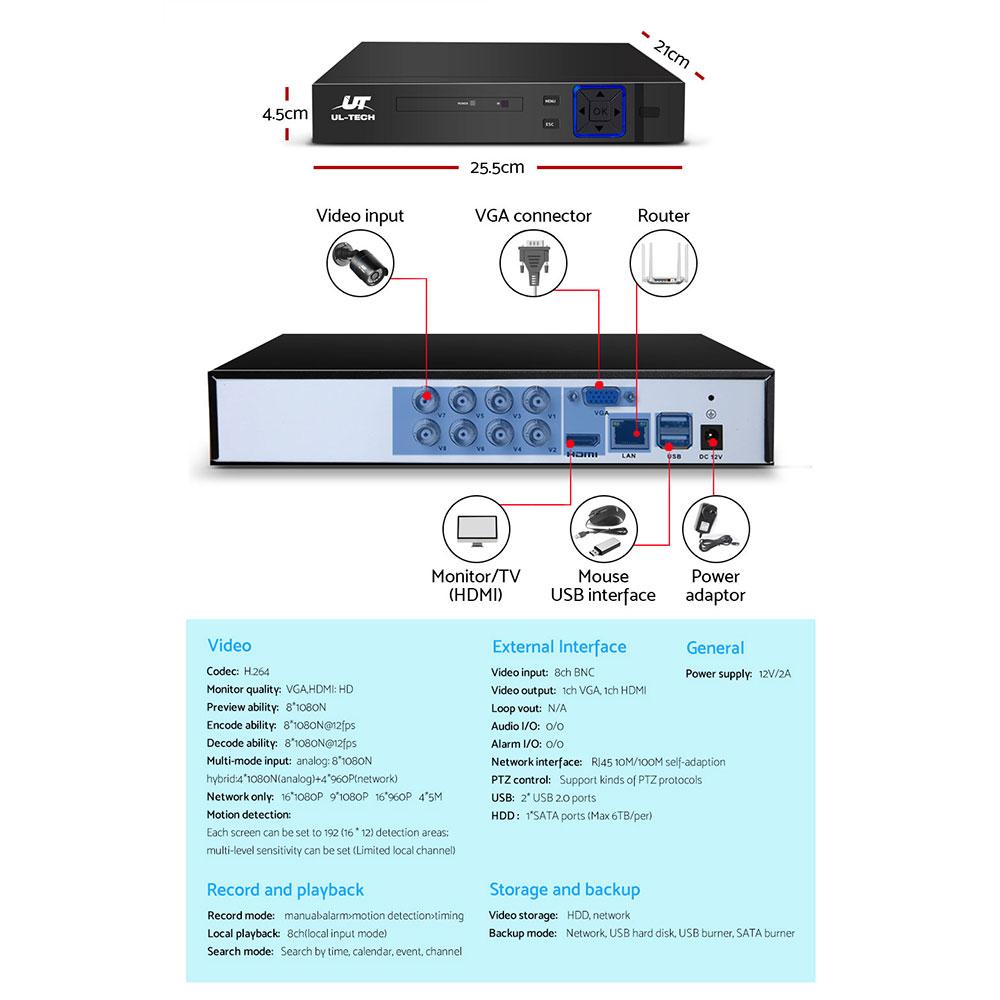 UL-TECH 1080P Überwachungskamera-System 8-Kanal DVR mit 8 CCTV Bullet Kameras