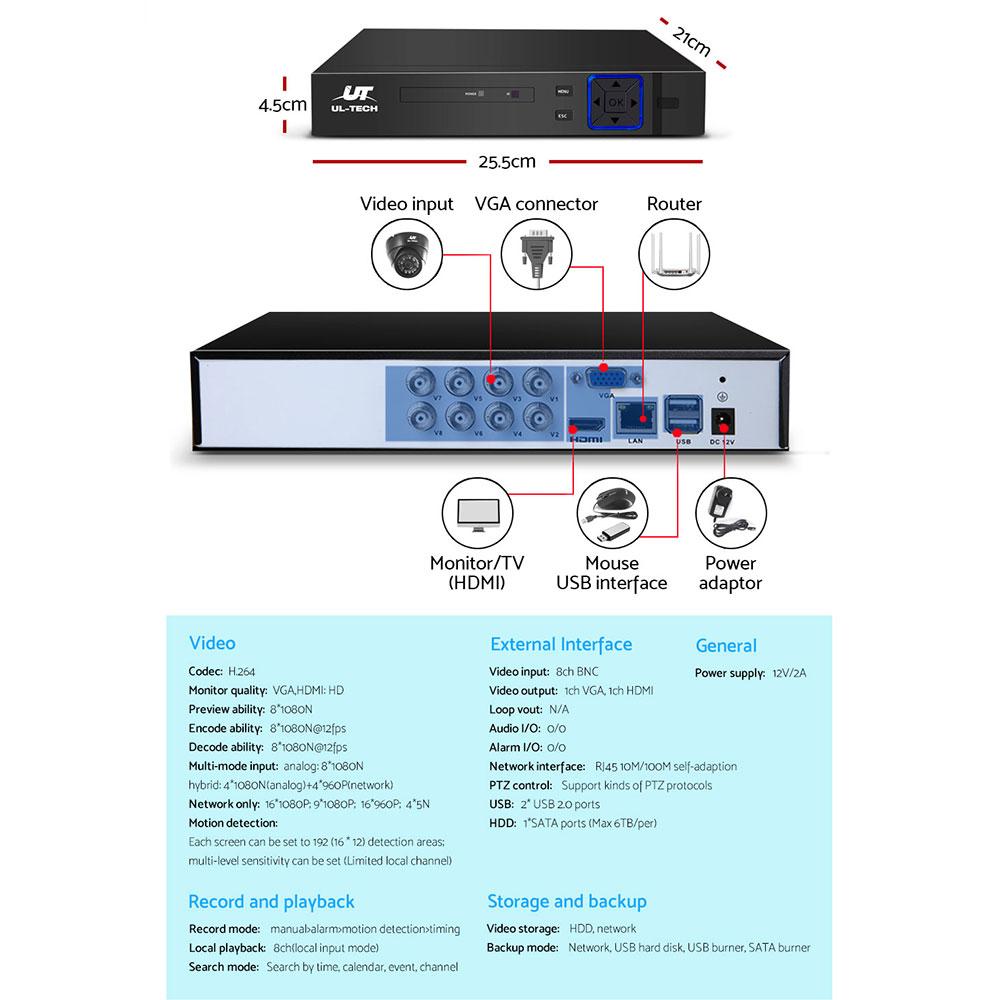 UL-TECH 1080P Security Camera System 8CH DVR with 8 CCTV Dome Cameras