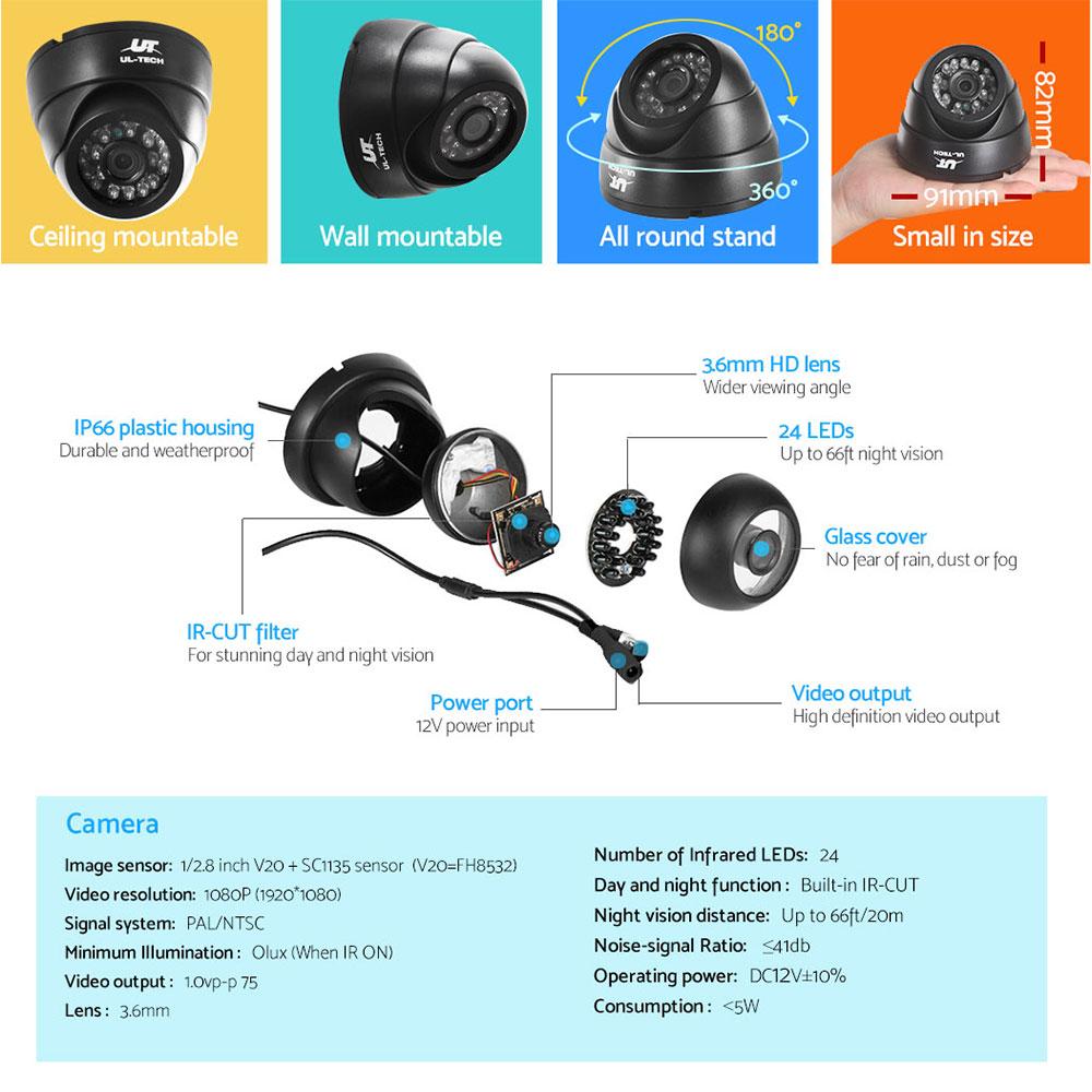 UL-TECH 1080P Security Camera System 8CH DVR with 8 CCTV Dome Cameras