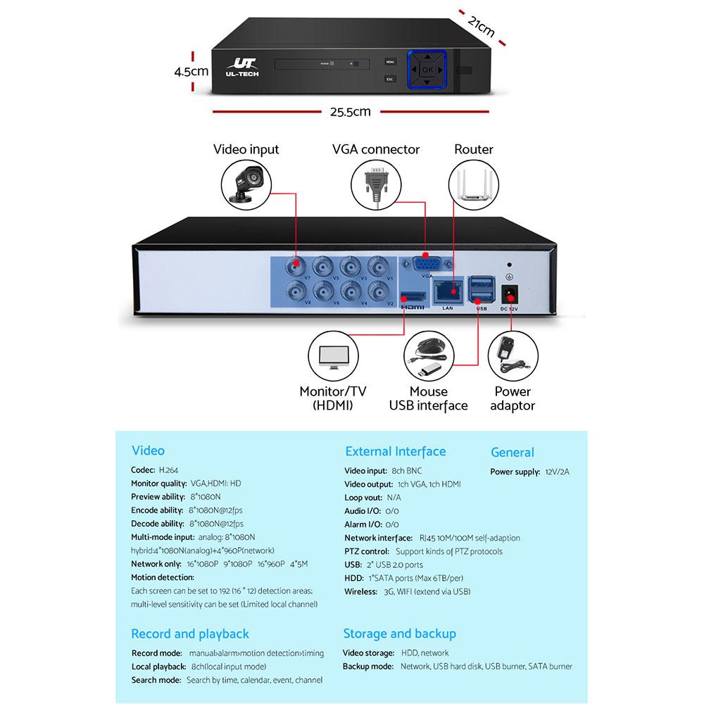 UL-TECH 1080P Security Camera System 8CH DVR with 8 CCTV Square