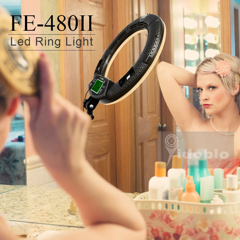 96W Yidoblo FE-480II Dimmable Bi-color Ring Light 480 LED Video Continue Lamp LCD Video Lamp Lighting + 2m Standing + Handbag