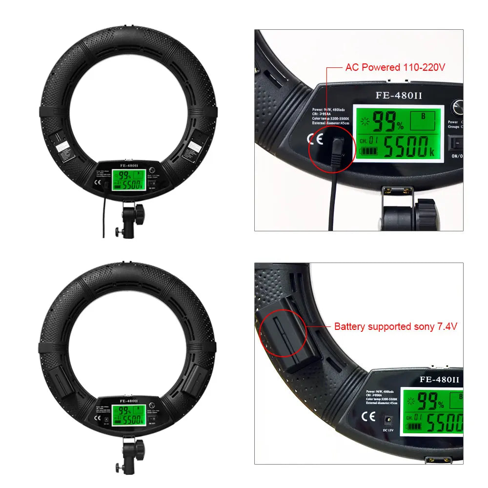96W Yidoblo FE-480II Dimmable Bi-color Ring Light 480 LED Video Continue Lamp LCD Video Lamp Lighting + 2m Standing + Handbag